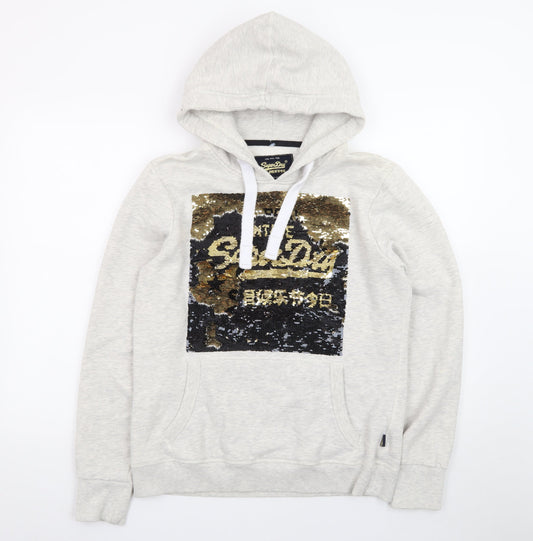 Superdry Womens Grey Sequin Hoodie UK 16 Pullover Hooded Sweatshirt