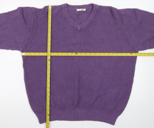 Cotton Traders Men's Purple V-Neck Cotton Knit Jumper Size L
