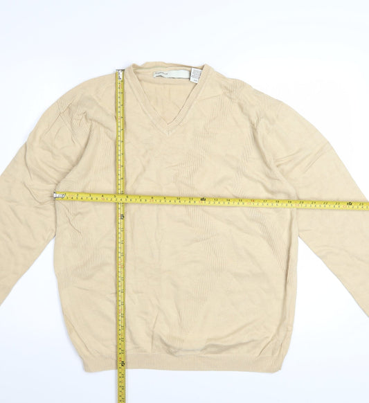 Perry Ellis Men's Beige V-Neck Knit Jumper L Rayon Cotton