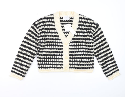 Zara Girls Black & Beige Striped Cardigan 11-12 Years Acrylic Blend Knit