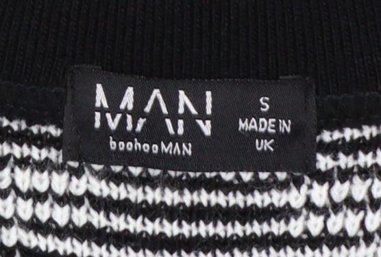 boohooMAN Men's Black White Knit Short Sleeve Cardigan S Retro Style
