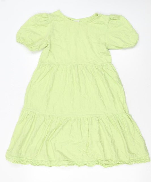 Zara Girls Green Cotton A-Line Knee Length Puff Sleeve Dress 10 Years