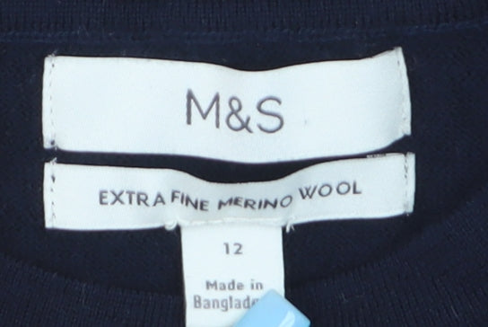 Marks and Spencer Women's Blue Merino Wool Crew Neck Jumper Size 12