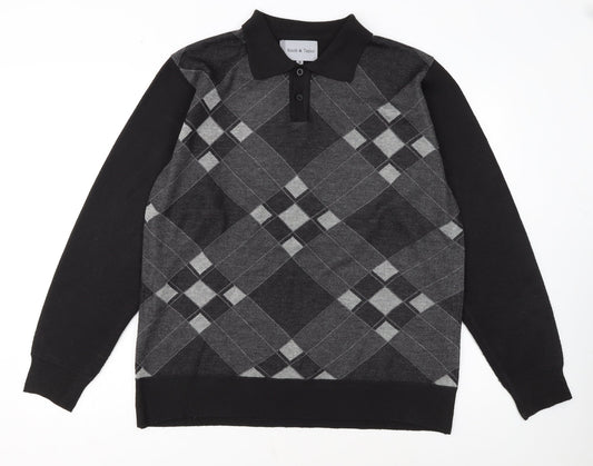 Smith & Taylor Men's Black Argyle Long Sleeve Polo - Size M