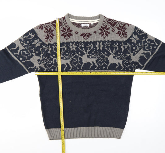 Xact Men's Blue Grey Fair Isle Reindeer Crew Neck Acrylic Jumper M
