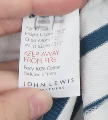 Brand and care label for John Lewis girls’ blue stripe long sleeve cotton t-shirt age 10 years