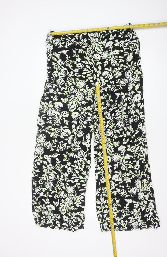 Marks and Spencer Women’s Black Floral Viscose Wide-Leg Trousers Size 16 Long