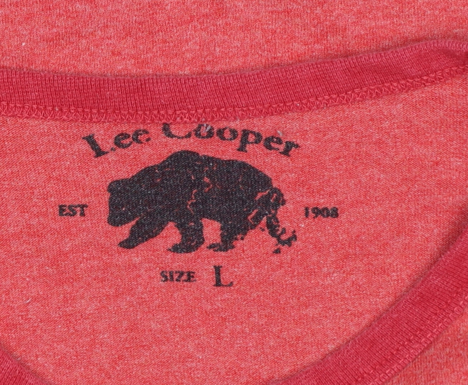 Brand and care label for Lee Cooper Men's Red Graphic Print Crew Neck T-Shirt, size L