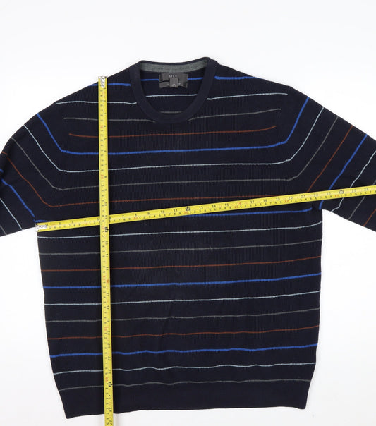 Marks and Spencer Men's Blue Striped Cotton Blend Crew Neck Jumper L