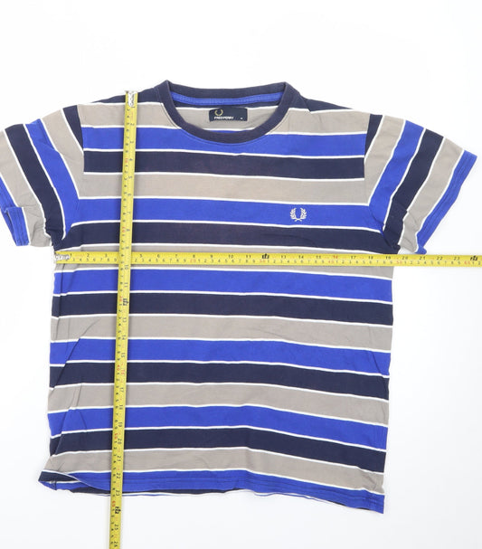 Fred Perry Men's Blue Striped Crew Neck Cotton T-Shirt Size M