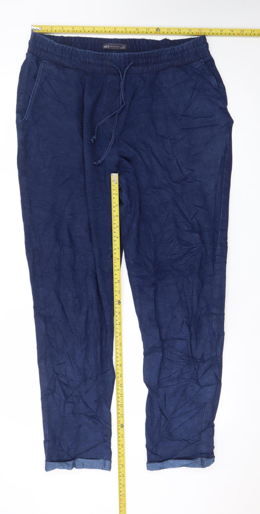 Marks and Spencer Women Blue Linen Relaxed Trousers Size 16