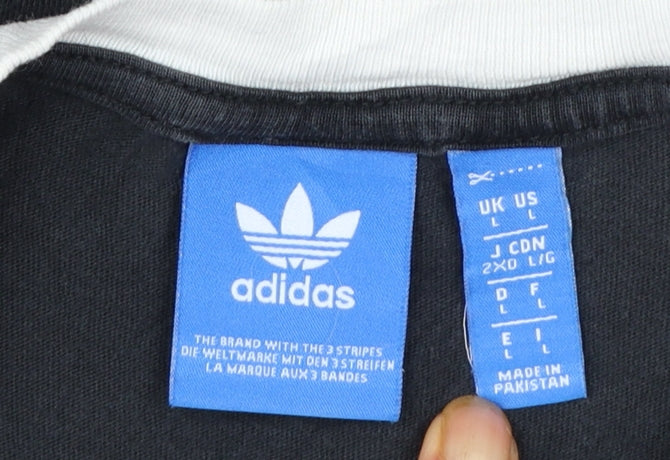 Brand and care label for Adidas Men’s Black T-Shirt, size L, Retro Sports Crew Neck