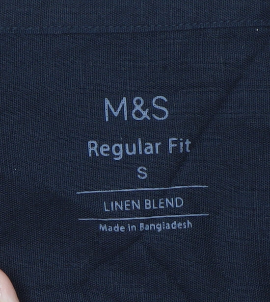 Marks and Spencer Men's Blue Linen Blend Regular Fit Short Sleeve Shirt S
