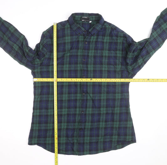 ASOS DESIGN Men's Green Plaid Cotton Flannel Button-Up Shirt XL