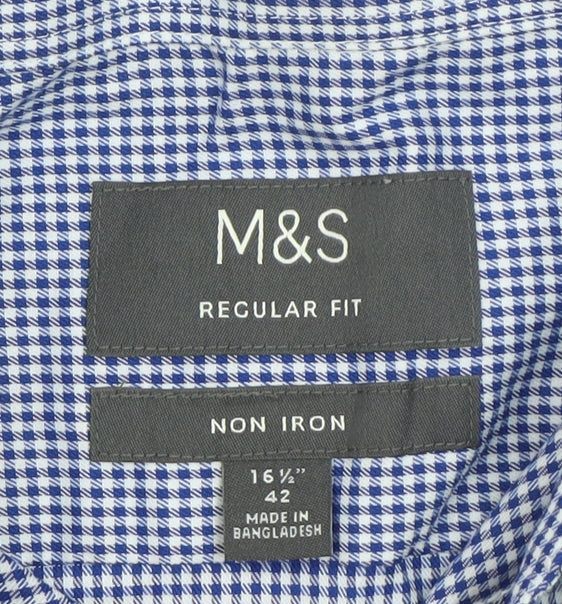 Marks and Spencer Men's Blue Check Regular Fit Short Sleeve Dress Shirt 16.5in 42
