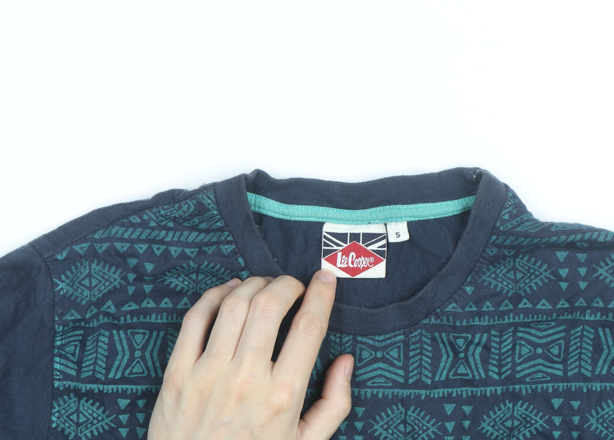 Brand and care label for Lee Cooper Men's Blue Aztec Print Short Sleeve Cotton T-Shirt, size S