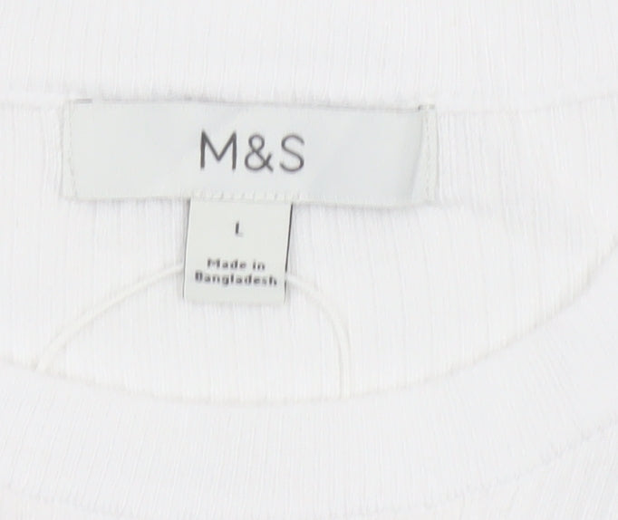 Marks and Spencer Women White L Ribbed Short Sleeve Basic Top