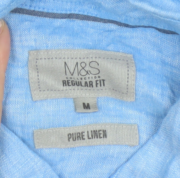 Marks and Spencer Men Blue Linen Regular Fit Long Sleeve Shirt M