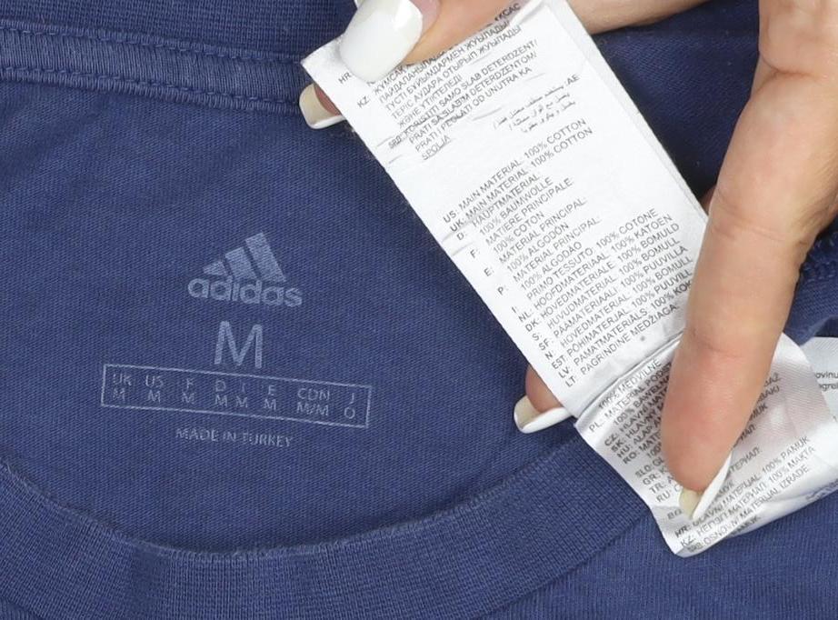 Brand and care label for Adidas Men's Blue London Graphic Short Sleeve Cotton T-Shirt M