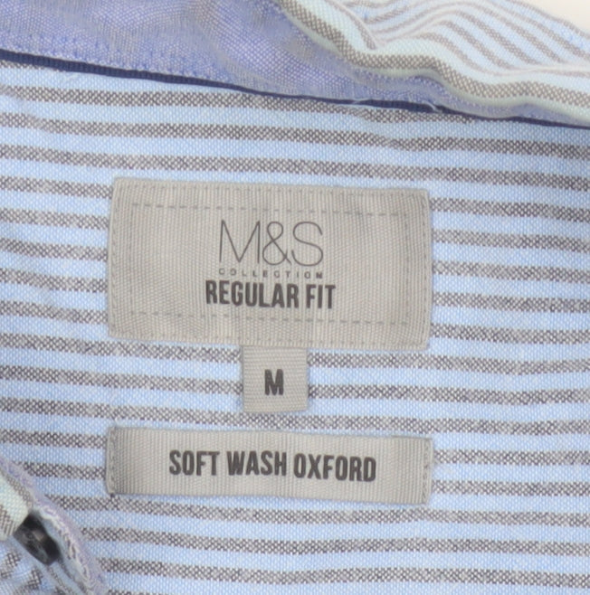 Marks and Spencer Men's Blue Striped Regular Fit Oxford Shirt M