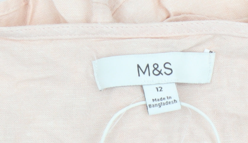 Marks and Spencer Women Beige Linen Viscose Pleated V-Neck Tunic Blouse Size 12