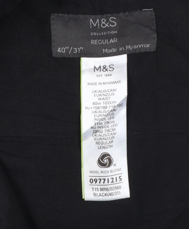 Marks and Spencer Men's Black Wool Blend Regular Fit Dress Trousers 40x31