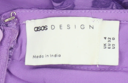 Brand and care label for ASOS DESIGN Women’s Purple Floral Cut Out Chiffon Mini Dress, size UK 4