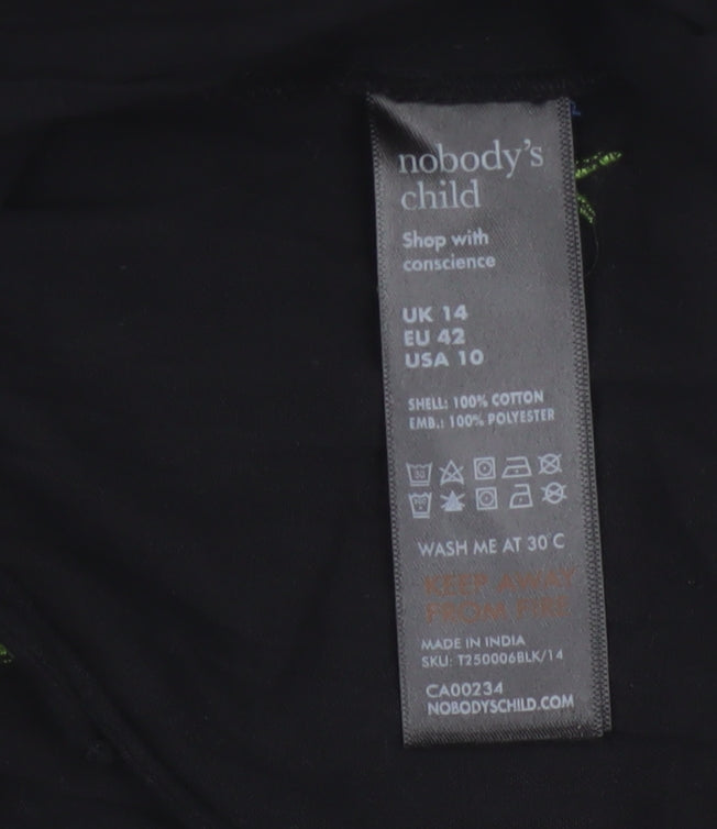 Nobody’s Child Women’s Black Floral Embroidered Peasant Blouse UK 14