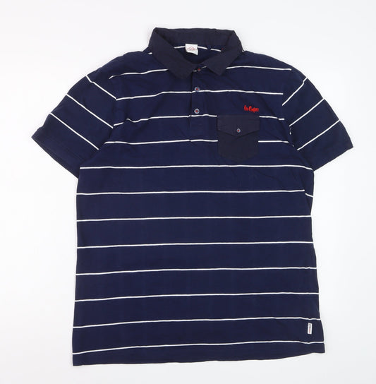 Additional front view of Lee Cooper Men’s Blue Striped Polo Shirt, size L, Cotton Casual