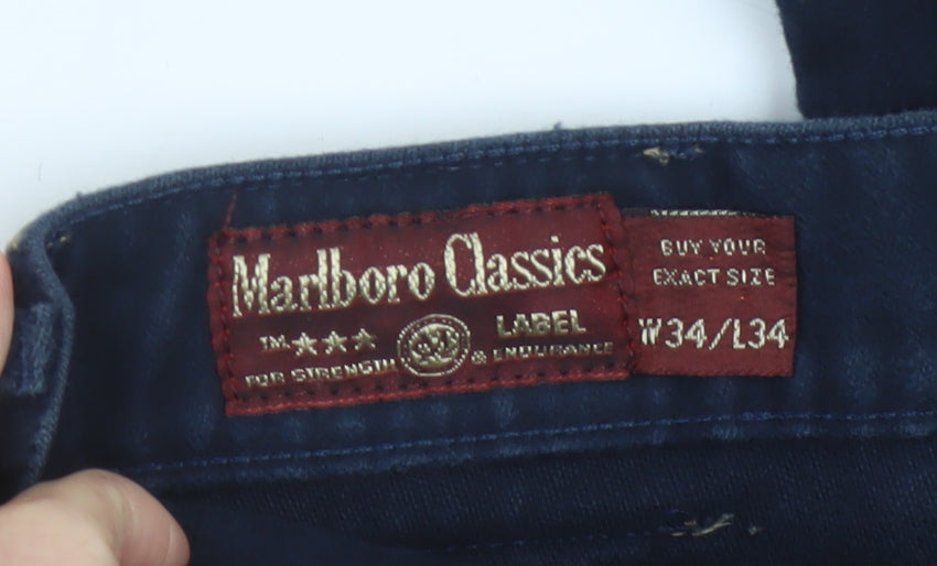 Marlboro Classics Men's Blue Chino Trousers Size L 34x34 Regular Fit