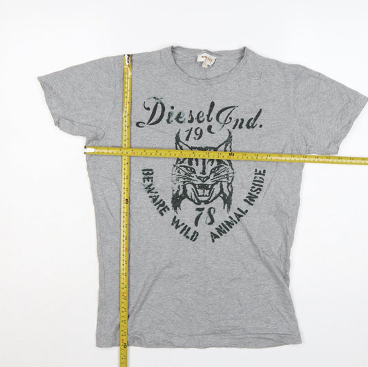 Diesel Women Grey Graphic Cotton T-Shirt M Crew Neck Short Sleeve
