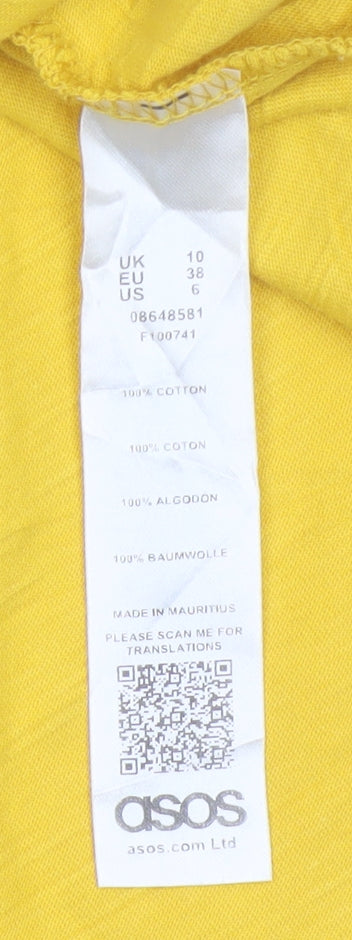 Brand and care label for ASOS Women Yellow Cotton A-Line Knee Length Dress, size 10