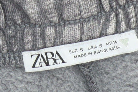 Zara Women Grey Wide-Leg Trousers Size S Cotton Blend Drawstring Waist