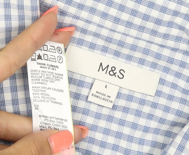 Marks and Spencer Men Blue Check Modal Blend Short Sleeve Shirt L