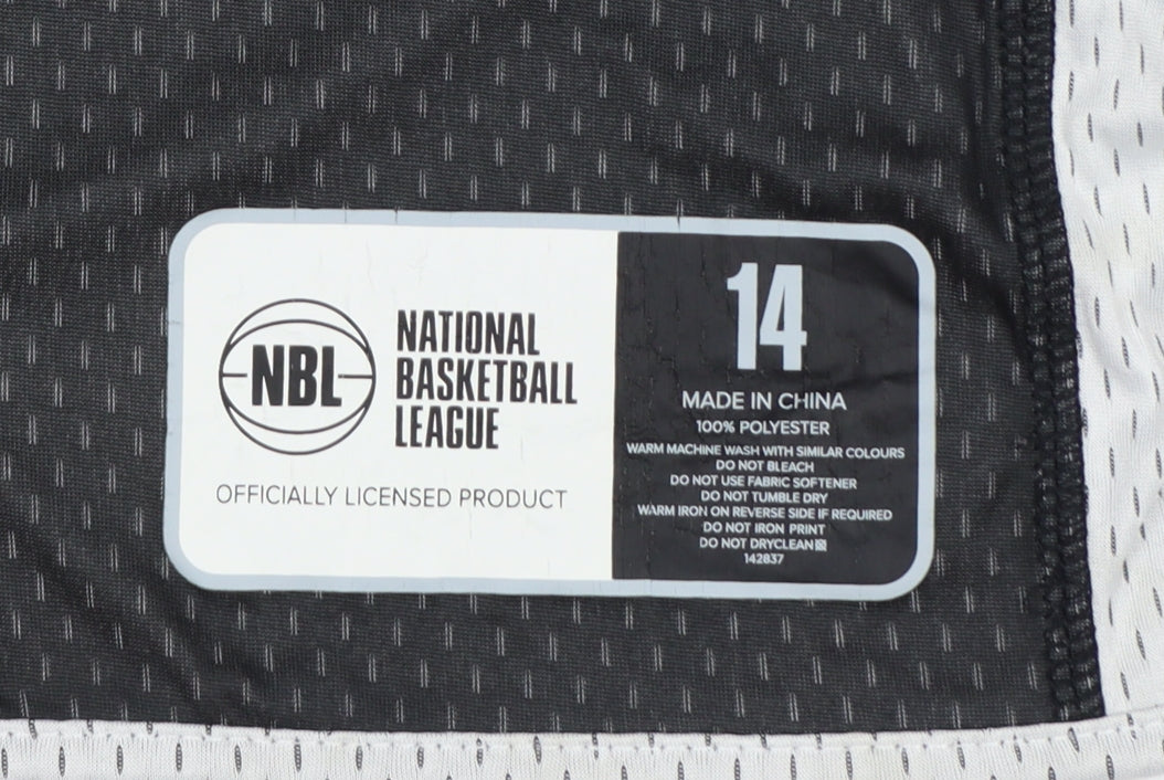 Brand and care label for National Basketball League boys’ grey mesh basketball tank top, size 14, years