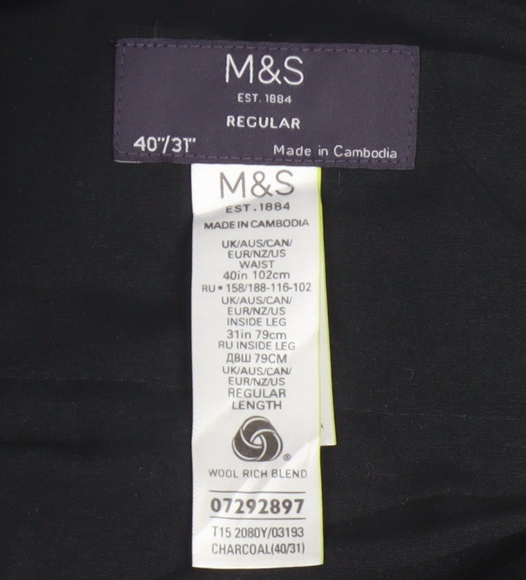 Marks and Spencer Men's Grey 40/31 Regular Wool Blend Dress Trousers