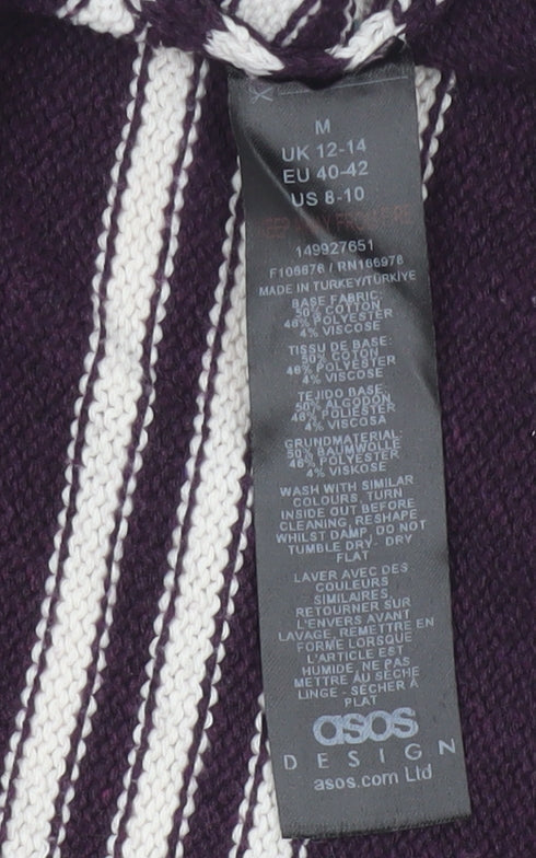 Brand and care label for ASOS Design Women Purple Ivory Striped Collared Knit Jumper UK 12-14 M
