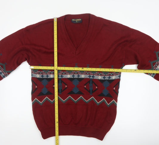 Kellerman Men’s Red L Aztec Geometric V-Neck Wool Blend Jumper
