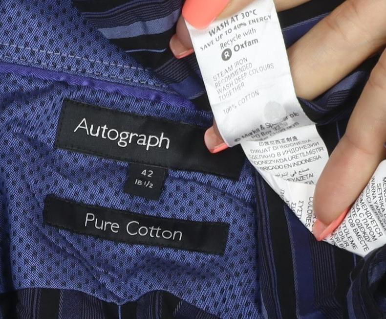 Brand and care label for Autograph Men’s Blue Striped Pure Cotton 16.5in 42in Long Sleeve Shirt