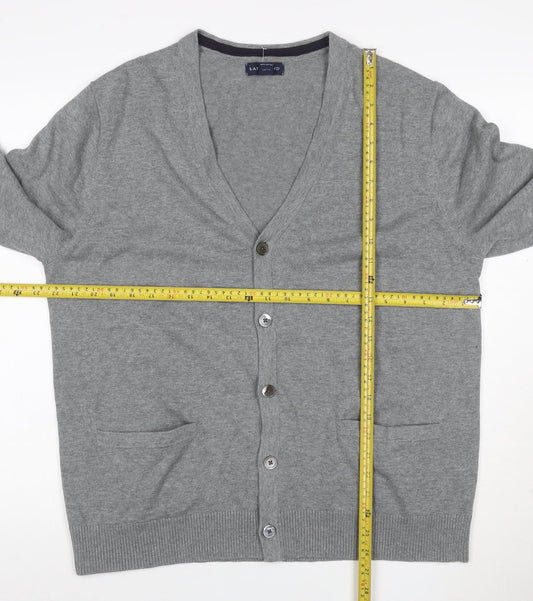 Lands' End Men Grey L Button V-Neck Cotton Knit Cardigan Pockets