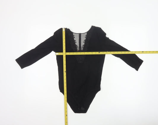 Jennifer Women's Black UK 8 Lace Mesh V-Neck Long Sleeve Bodysuit