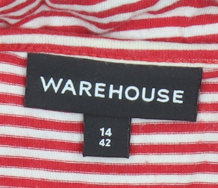 Warehouse Women Red Striped UK 14 Basic Ruffle Cotton 3/4 Sleeve Top