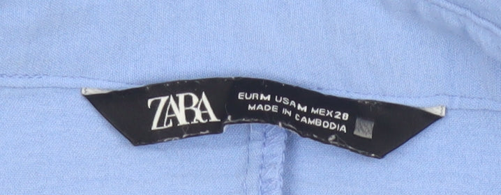 Zara Women Blue M Short Belted Collared Shirt Dress Cap Sleeve