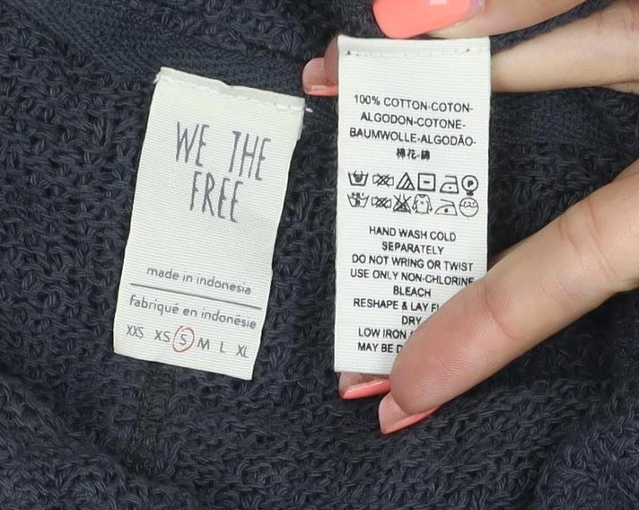 We The Free Women Black XS Cowl Neck Distressed Cotton Knit Pullover
