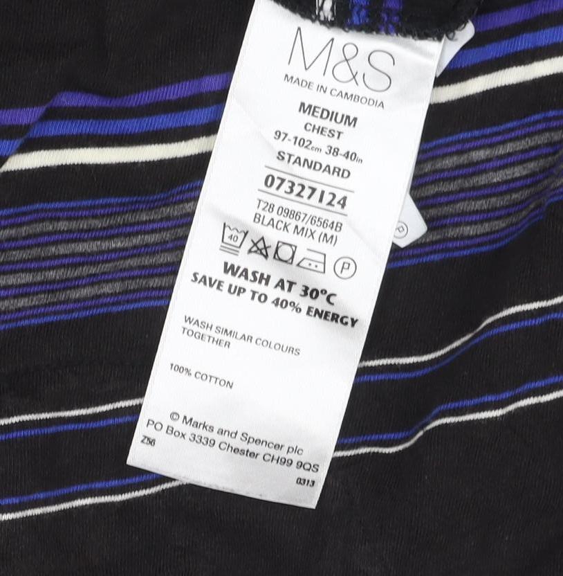 M&S Blue Harbour Men’s Black Blue Striped Cotton Polo Shirt M