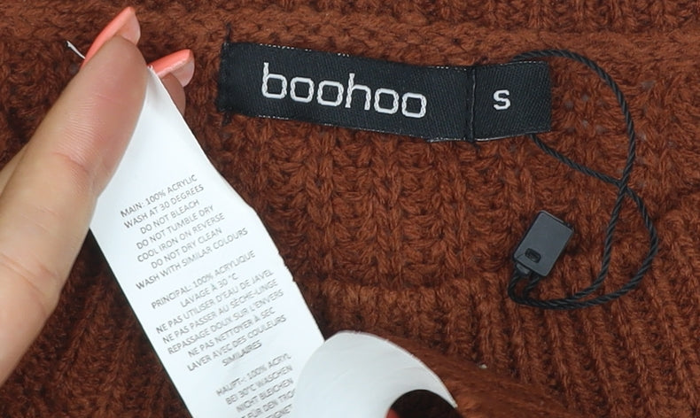 Boohoo Women Brown S Ruffle Shoulder Crew Neck Chunky Knit Jumper