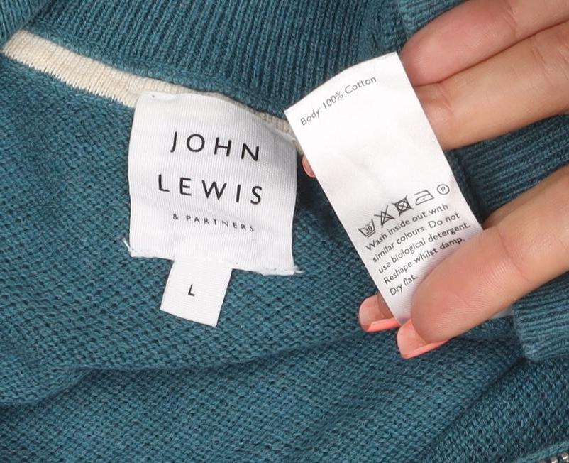 John Lewis Men’s Blue L Quarter Zip Cotton Knit Jumper High Neck