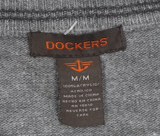 Dockers Men's Grey Burgundy M Crew Neck Striped Acrylic Pullover Jumper