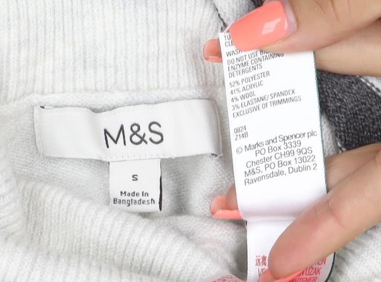 Marks and Spencer Women Grey Ivory Striped Roll Neck Jumper Size S