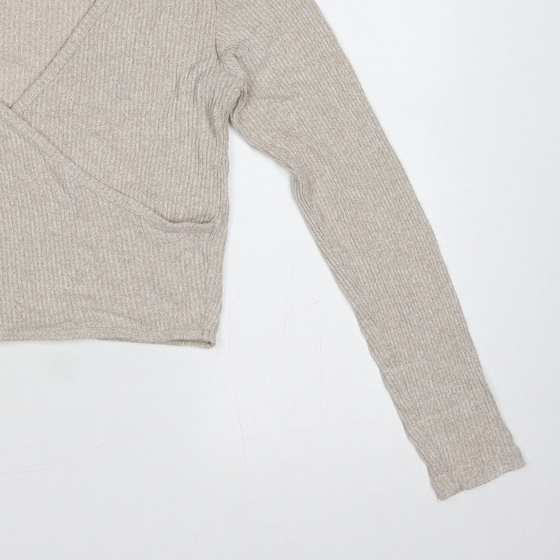 Vero Moda Women Beige M Rib Knit Wrap V-Neck Long Sleeve Blouse